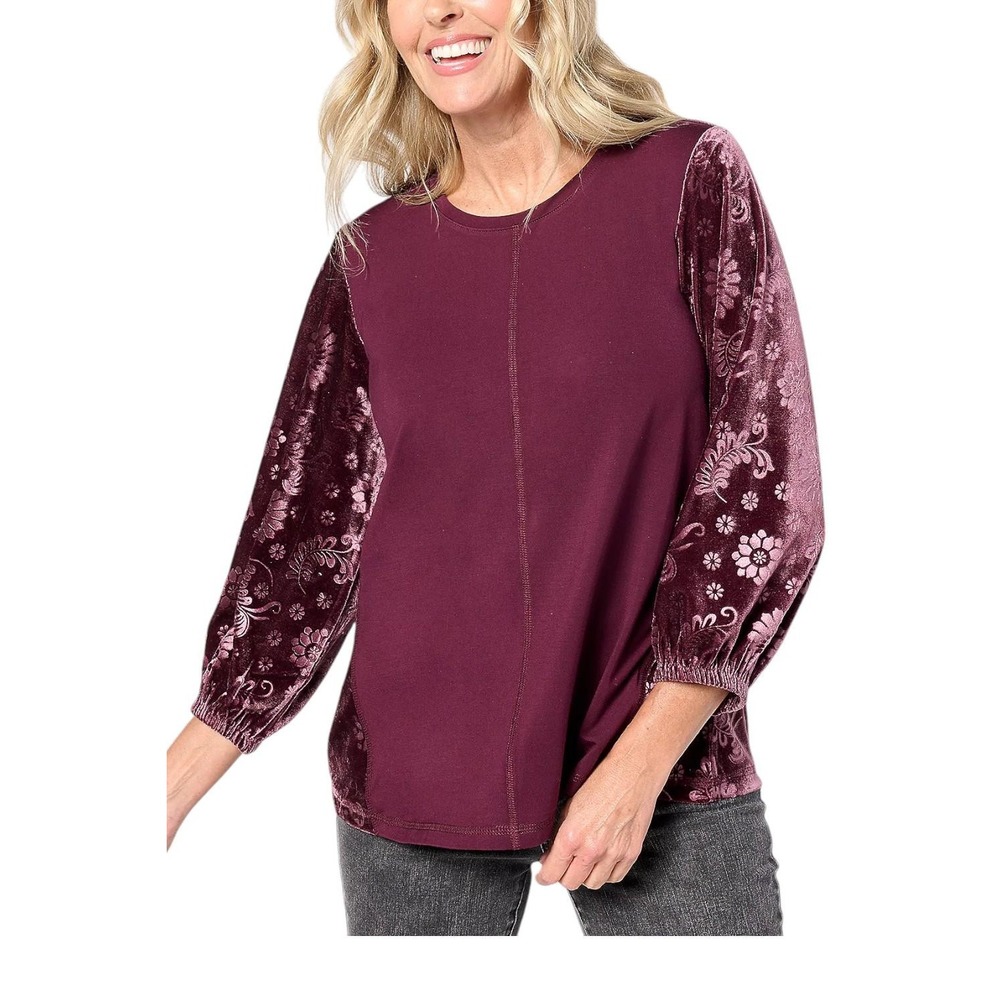 LOGO Lori Goldstein Rayon 230 Velour Top Women's Large‎ Wine Floral Burnout